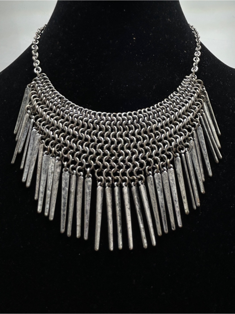 Vida, Silver Chainmail Bib Necklace With Silver Spikes, Great Movement